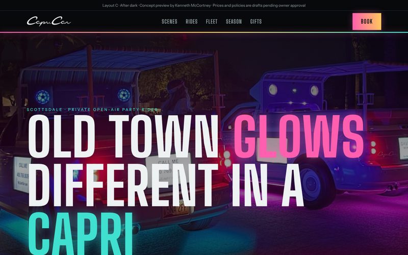 After Dark homepage: neon headline over the cars glowing at night