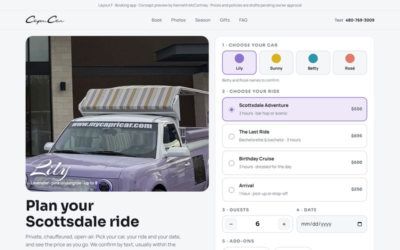 Booking App homepage: Lily photo beside a car picker and ride list