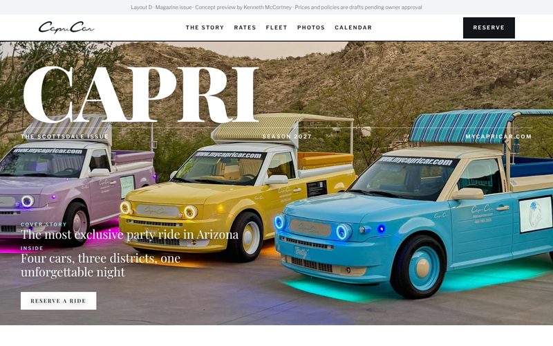 Magazine homepage: CAPRI masthead over the three-car fleet photo