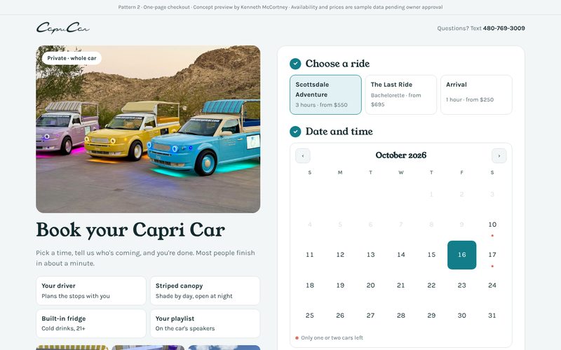 One-Page Checkout: ride photo on the left, calendar and ride choices on the right