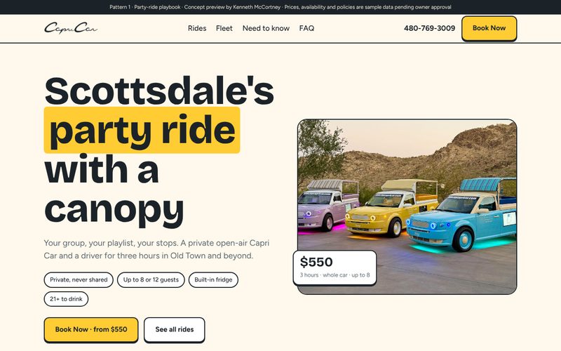 Party Ride homepage: big headline with a yellow Book Now button and a $550 price tag