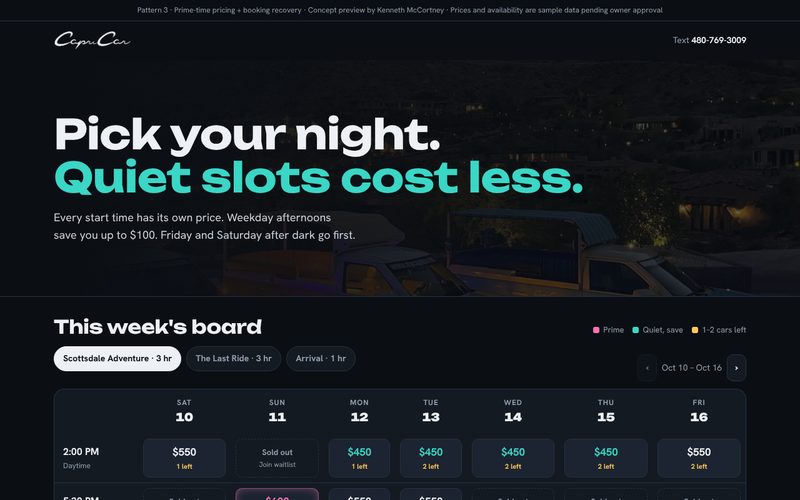 Prime Time: dark page with a weekly board of slot prices