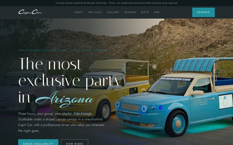 Riviera Evening homepage: dark teal header over a photo of Sunny and Betty