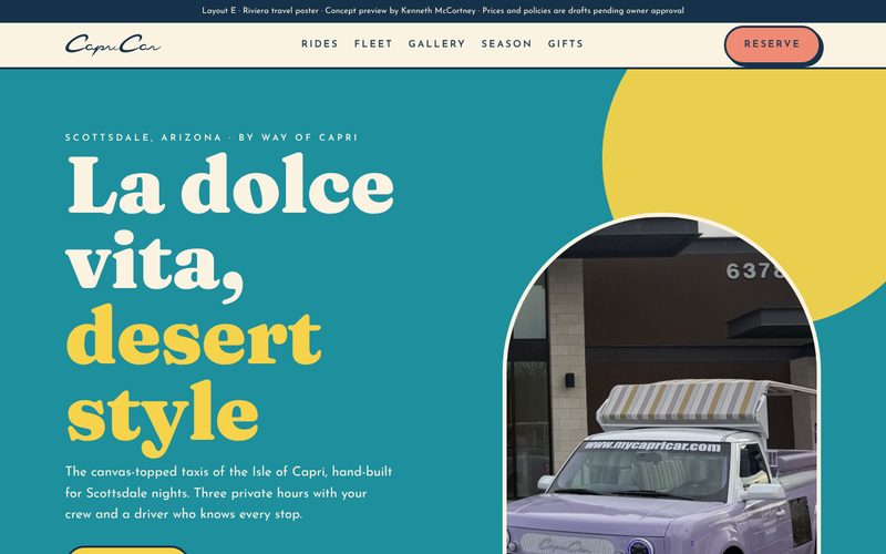 Riviera Poster homepage: La dolce vita headline on teal with a yellow sun and arched photo